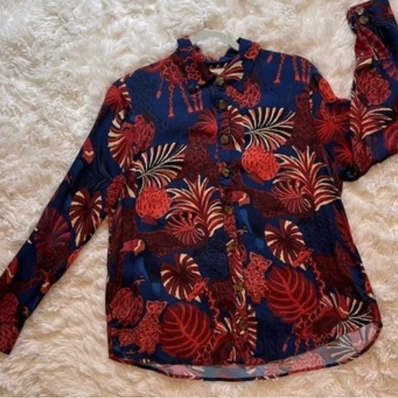 Farm Rio Tropical Botanical Animal‎ Boho Blouse Resort Top Size Medium Button Up - Picture 5 of 11
